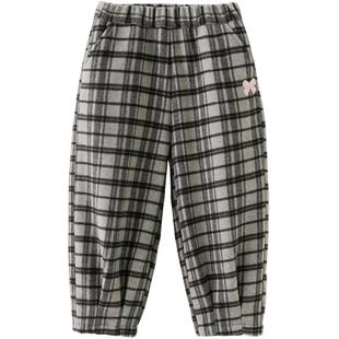 戴维贝拉儿童裤子2026冬装女童中大童梭织九分裤格子加绒裤萝卜裤