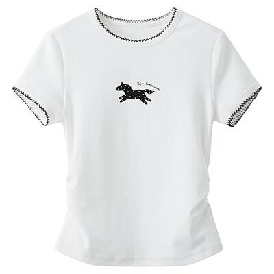 夕蒙2026新款春夏韩系漂亮上衣原创小马印花白色修身正肩短袖t恤