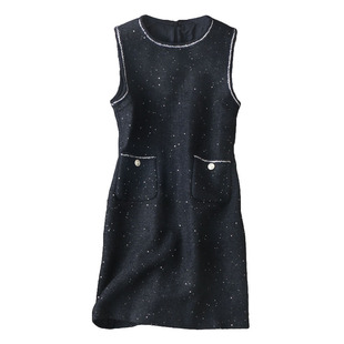 精致chic！优雅小香风~金丝线点缀圆领嵌亮片粗花呢含羊毛背心裙