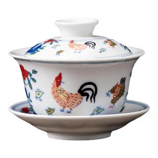 陶瓷盖碗斗彩鸡功夫茶具家用大号三才茶碗单个德化白瓷茶杯泡茶器