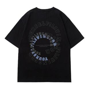 丛林老虎美式环形字母圆领短袖男女夏季高街潮牌260g重磅黑色t恤