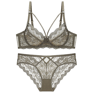 MidnightBlue性感黑色超薄细带双排扣少女有钢圈内衣文胸套装蕾丝