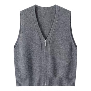 100%纯羊毛v领双拉链针织马甲女款2025新款秋冬叠穿毛衣背心坎肩