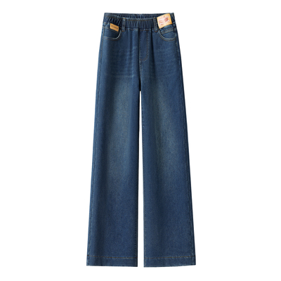 松紧腰特厚直筒羊羔绒牛仔裤女冬季新款大码加绒加厚窄版阔腿裤女