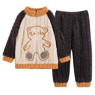 男童睡衣儿童秋冬季珊瑚绒加绒加厚2025新款男孩法兰绒家居服套装