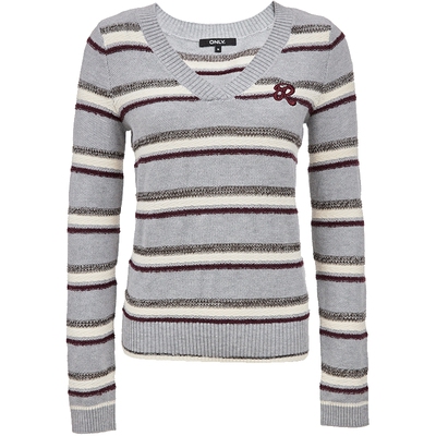 ONLY条纹字母刺绣V领针织衫