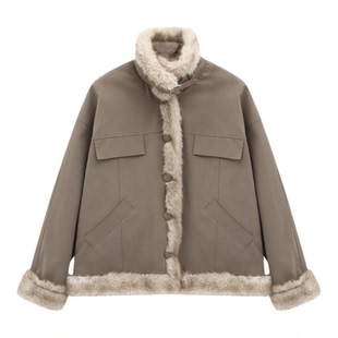 百家好冬季新款两面穿单排扣毛毛外套女简约保暖蓝色短款加厚上衣