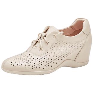 马内尔女鞋春秋季坡跟百搭透气单鞋增高鞋夏季旅游鞋真皮妈妈鞋