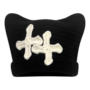 新款小众黑色十字猫耳朵针织帽子女秋冬韩版时尚百搭可爱毛线冷帽