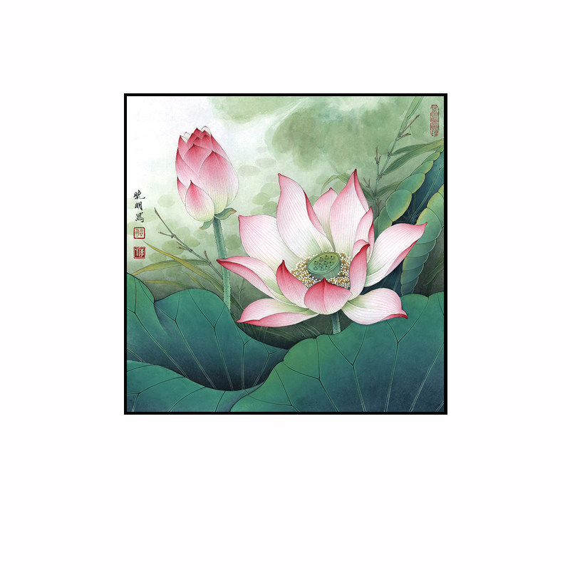 净秽荷花图挂画带框方形卫生间壁画中式玄关背景客厅莲花图装饰画