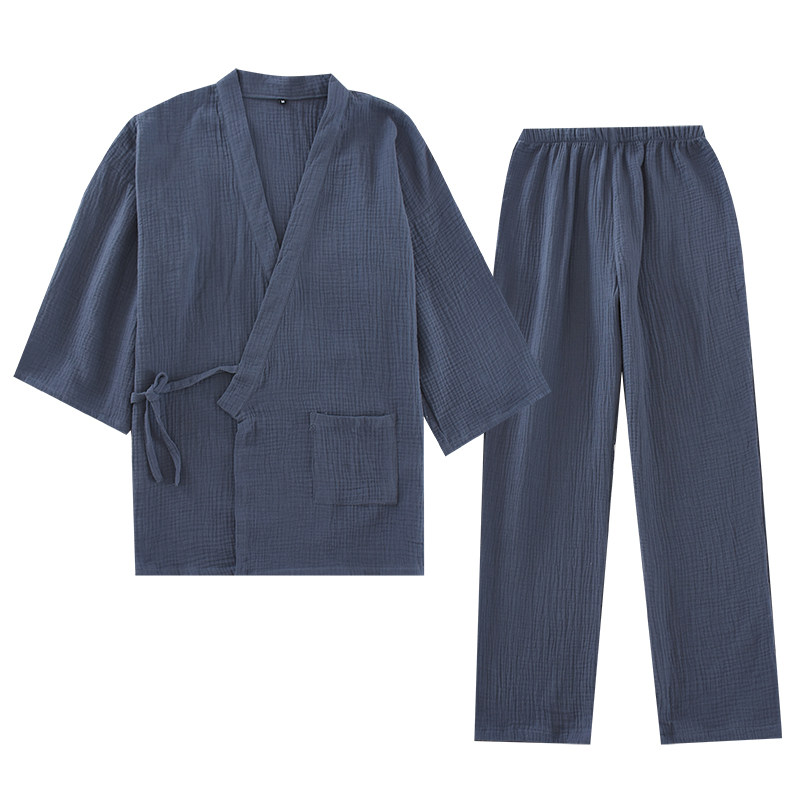 汉服无印风睡衣男士款春秋季加密纯棉纱布汗蒸和服情侣家居服套装