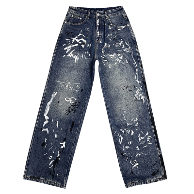 泼墨涂鸦加绒牛仔裤男冬季加厚宽松直筒阔腿裤街头潮牌高街长裤子