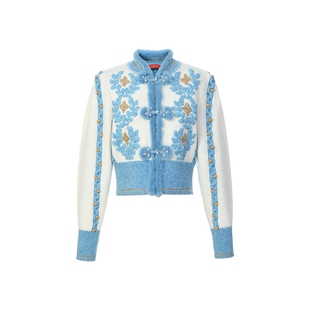 lefame拉飞姆秋季复古百搭蓝白卷草纹针织外套