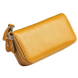 真皮手拿包女小包牛皮黄色招财钱包女长款大容量软皮金色包双拉链