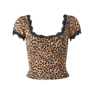 ooh itch痒痒 法式复古豹纹方领泡泡袖蕾丝花边短袖T恤女时髦上衣