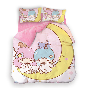 可爱双子星卡通双面绒四件套儿童房牛奶绒被套床笠珊瑚绒学生宿舍