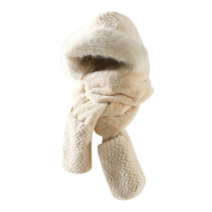 帽子围巾手套一体女冬季保暖可爱百搭加厚骑车防寒保暖毛绒三件套