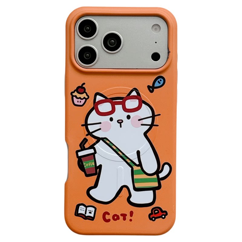 MoreRex俏皮橙底咖啡猫咪磁吸支架适用苹果18手机壳iphone17promax新款18pro二合一15全包防摔保护套14女款16