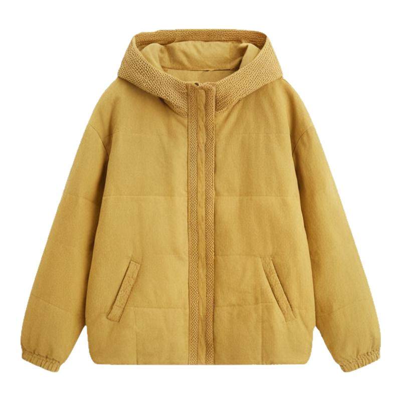 无色无味冬季新款棉麻外套拼接编织棉袄连帽保暖短棉服宽松上衣女
