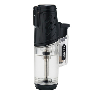 百诚新款直冲防风充气打火机金属头蓝焰雪茄艾灸点火器高温透明仓