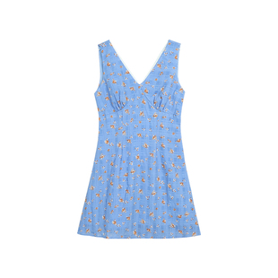 pusumede夏日花漾 V领雪纺碎花连衣裙女花边拼接收腰气质背心短裙