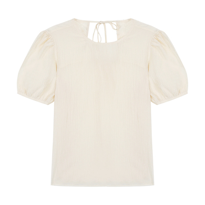 pusumede 小心机绑带镂空短袖衬衫女肌理感小衫气质泡泡袖上衣