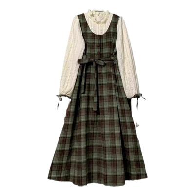 学院风假两件绿色格子连衣裙子秋冬季女装2024新款穿搭小个子长裙