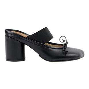 [12期免息]MM6一字带休闲通勤半拖穆勒芭蕾鞋单鞋黑高跟鞋皮鞋8cm