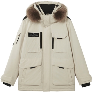 热风男女同款工装风羽绒服2025年冬季新款户外毛领中长款羽绒服