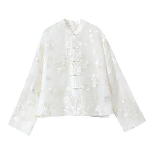 现货~白月光1OO%真丝欧根纱 新中式立领盘扣对襟刺绣衬衫