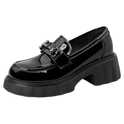 索菲娅英伦风乐福鞋女2026春季新品黑色厚底粗跟一脚蹬百搭小皮鞋