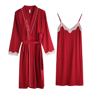 轩靓纯棉情侣睡裙两件套女结婚晨袍春秋本命年睡袍男红色睡衣浴袍