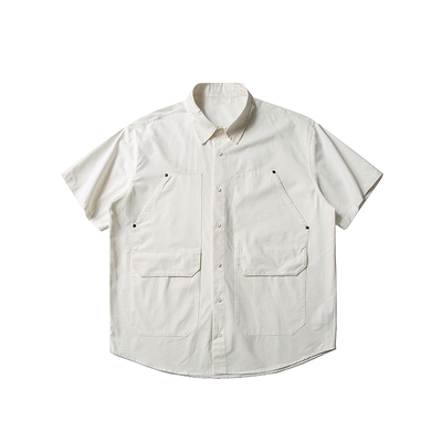 NOEARS春夏复古工装白色双口袋短袖衬衫日系cityboy宽松半袖衬衣