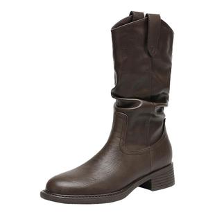 达芙妮棕色靴子女2026新款冬季加绒堆堆短靴西部中筒骑士瘦瘦女靴