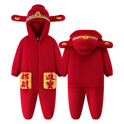 情侣冬季珊瑚绒加厚新年连体睡衣