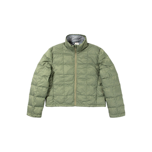 UNRETRO 绿色假两件轻薄短款羽绒服女冬季双层保暖撞色立领外套