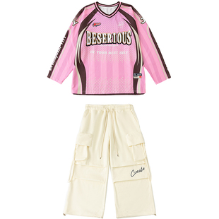 女童秋季美式嘻哈粉色T恤宽松练功服少儿HIPHOP街舞表演服走秀服