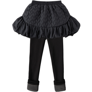 女童假两件长裤桃心夹棉裙裤儿童加绒加厚打底裤一体绒裤子秋冬装