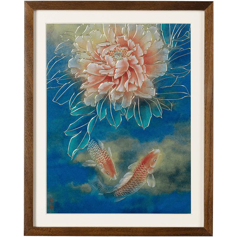 铜师傅 手工錾刻 铜雕画 《牡丹锦鲤（桌面）》书房办公室装饰画