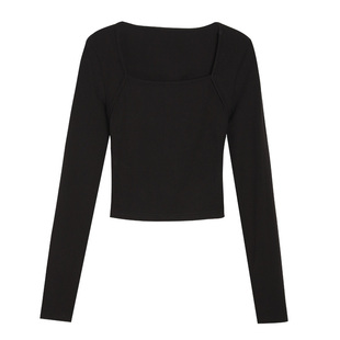 ousph【现货6折】方领针织打底衫女露背设计感修身长袖T恤上衣