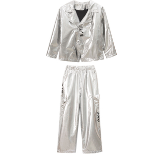 儿童潮酷街舞服男女童银色皮衣架子鼓服少儿嘻哈元旦表演服走秀服