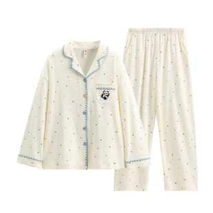 芬腾多巴胺睡衣女春秋款纯棉长袖小翻领波点熊猫可外穿家居服套装
