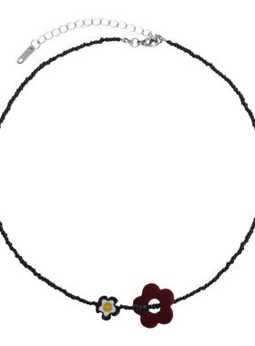 中餐厅第八季姜妍同款项链女红色花朵丝绒颈链小花串珠气质锁骨链