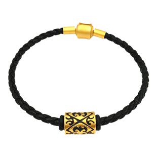 福珠黑皮绳手链男款粗手绳酷黑刺青寓意万福转运珠情侣款仿黄金色