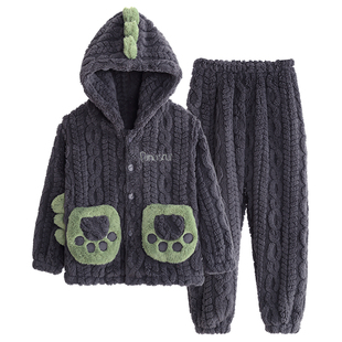 儿童睡衣法兰绒男童卡通恐龙珊瑚绒睡衣睡裤秋冬款加绒家居服套装