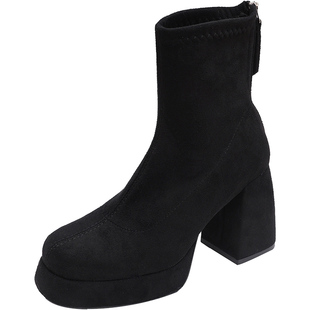 法式粗跟短靴女2025年冬季新款绒面弹力瘦瘦靴气质加绒保暖马丁靴