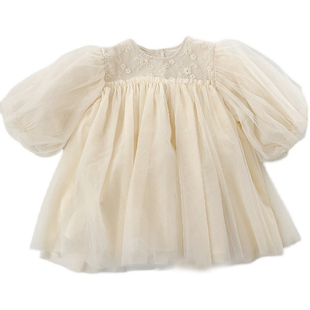 奶油杏，软绵绵的仙女裙 韩国春夏女童蕾丝泡泡袖连衣裙公主纱裙