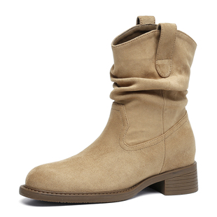 达芙妮棕色短靴女冬季2025新款中筒靴子加绒马丁靴切尔西瘦瘦靴