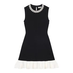 SANDRO博主同款2025经典款女装优雅黑色仿珍珠荷叶边针织连衣裙