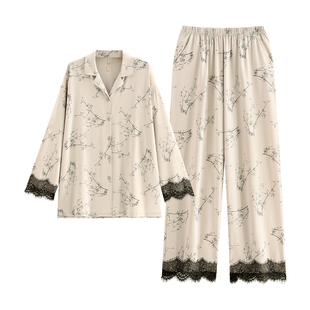 家乐芬睡衣女士春秋款秋季纯棉长袖家居服大码新中式国风蕾丝套装